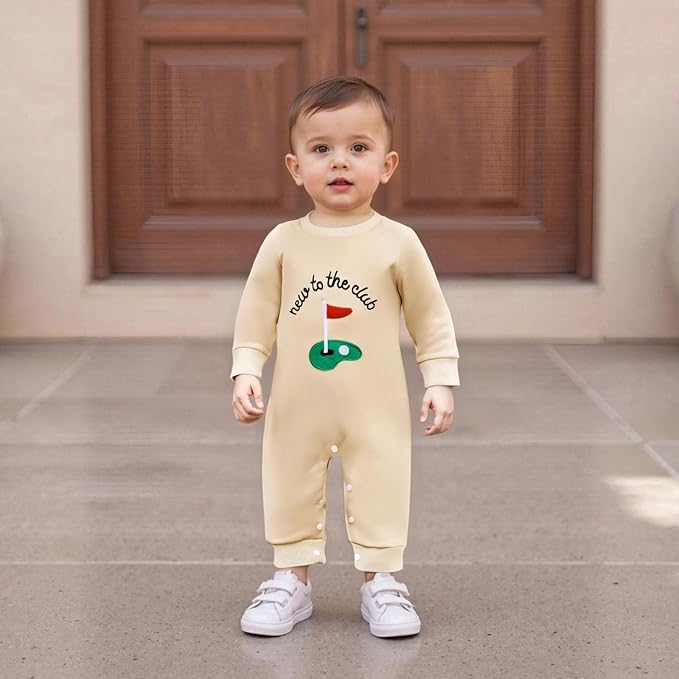 Newborn Baby Boy Fall Outfit Romper Golf Court Embroidery Long Sleeve Onesie Jumpsuit Bodysuit Cute Infant Clothes