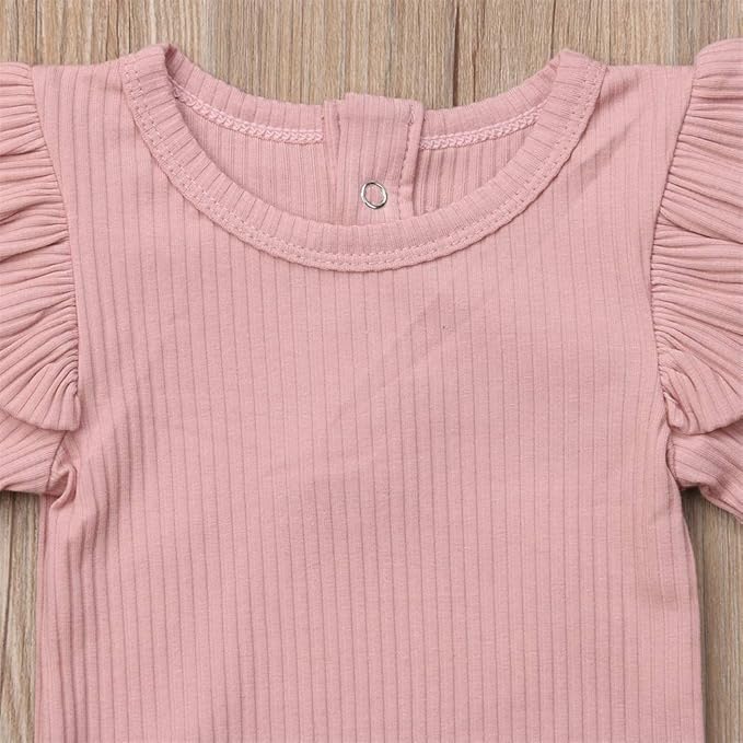 Mubineo Infant Baby Girl Basic Plain Rib Knit Ruffle Long Sleeve Romper Bodysuit Tops