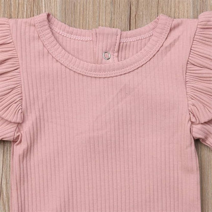 Mubineo Infant Baby Girl Basic Plain Rib Knit Ruffle Long Sleeve Romper Bodysuit Tops