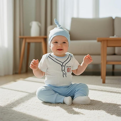 Honganda Infant Baby Boy Baseball Outfits Letter Print Striped Romper Bodysuit with Pants Hat 3Pcs Summer Clothes Set