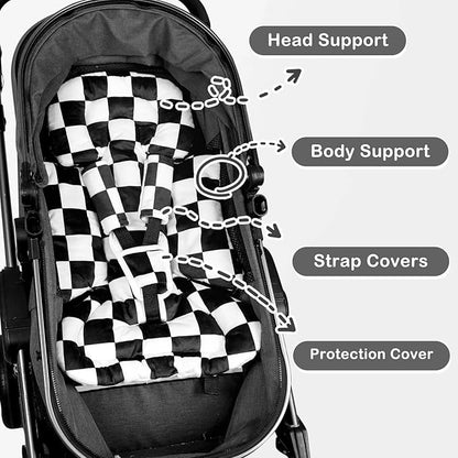 DILIMI Infant Car Seat Insert, Baby Car Seat Head Support with 3 Strap Paddings, Soft Newborn Car Seat Cushion for Stroller, Swing, Bouncers, Black Checkered