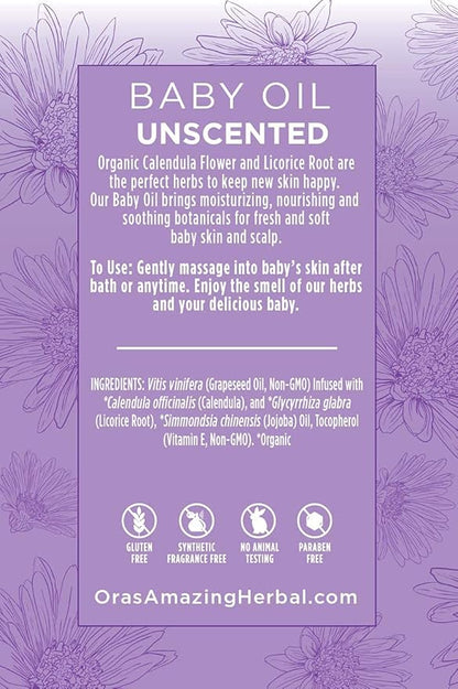 Ora's Amazing Herbal Calendula Baby Oil, Natural Infant Massage, Cradle Cap Scalp and Hair Oil, Organic Jojoba, Baby Acne, Unscented