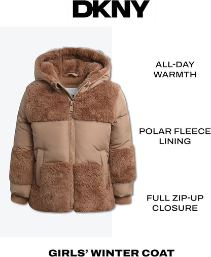 DKNY Baby Girls Puffer Coat - Soft Polar Fleece Lined Quilted Puffer Jacket for Girls - Cozy Winter Coat for Infant & Toddler