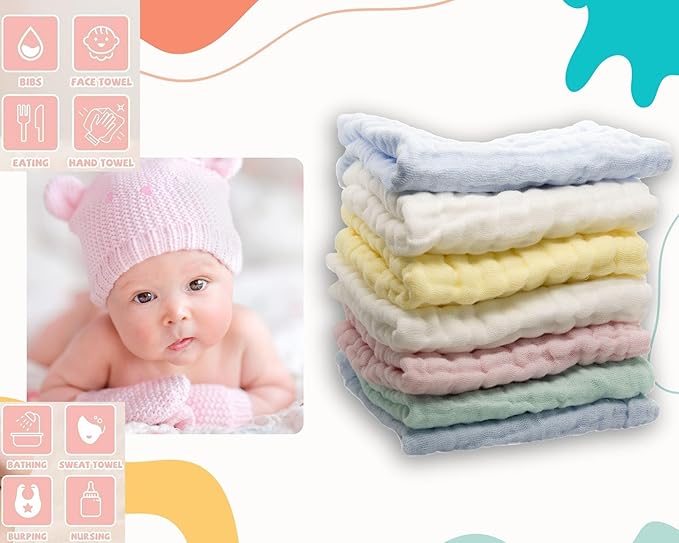 Muslin Baby Washcloths Pack of 7 - Soft Sweat Cloths for Newborn, Absorbent Baby Bath and Face Towels, 100% Cotton Baby Wipes,Burp Cloths,Feeding Towels for Babies and Infants,Solid-10 x 10’’