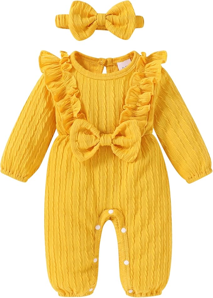 Happy Town Baby Girl Romper Infant Fall Winter Clothes Ruffle Sweater Long Sleeve Bodysuit Jumpsuit and Headband