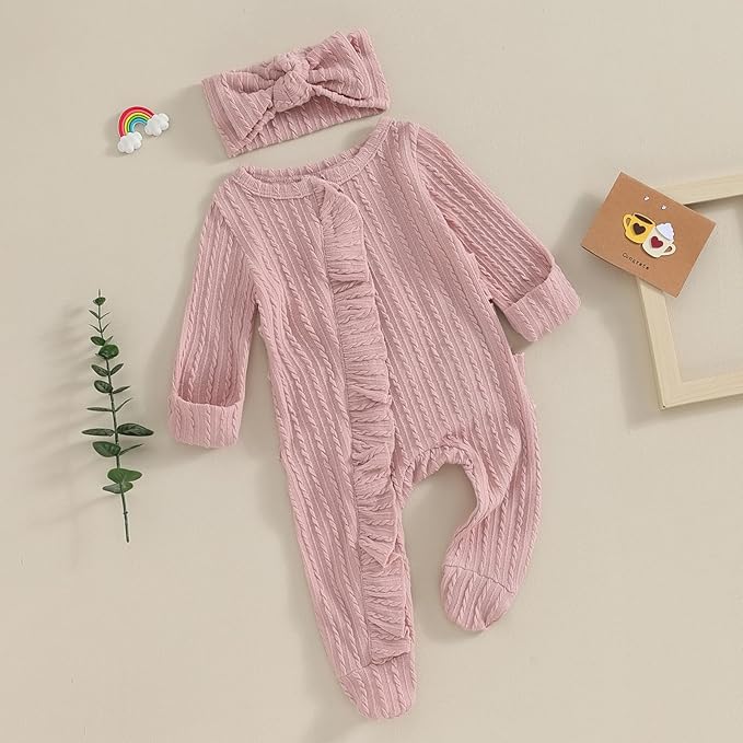 Newborn Baby Girl Fall Winter Outfits Clothes Knit Jumpsuit Ruffle Romper Newborn Coming Home Outfit for Baby Girl
