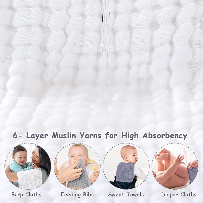 Looxii Muslin Burp Cloths 100% Cotton Muslin Cloths Large 20''x10'' Extra Soft and Absorbent 6 Pack Baby Burping Cloth for Boys and Girls White+Gray