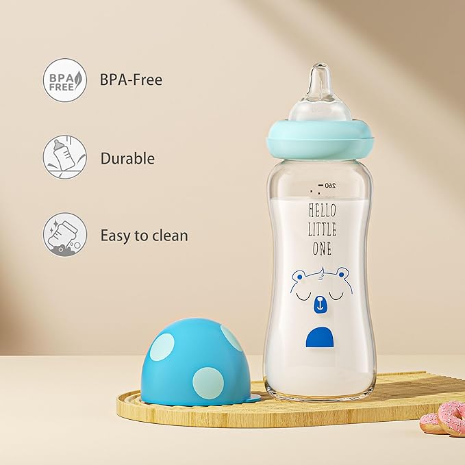 YOHKOH Natural Glass Baby Bottle with Level 2 Medium Flow Nipple, Newborn Anti-Colic Baby Bottles, Wide Neck Mushroom Baby Glass Bottle (8.8ounce (Pack of 4), Blue1)
