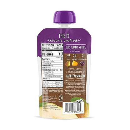 Happy Baby Organics Stage 2 Baby Food Pouches, Gluten Free, Vegan & Healthy Snack, Clearly Crafted Fruit & Veggie Puree, Pears, Squash & Blackberries, 4 Ounces (Pack of 16)