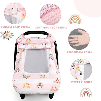 Pea Pod Car Seat Cover Baby, Infant Car Seat Canopy Covers for Newborn with 2 Layers Windows of Breathable Mesh Fabric, Lightweight Polyester/Soft Minky Dot Backing (Floral & Rainbow)