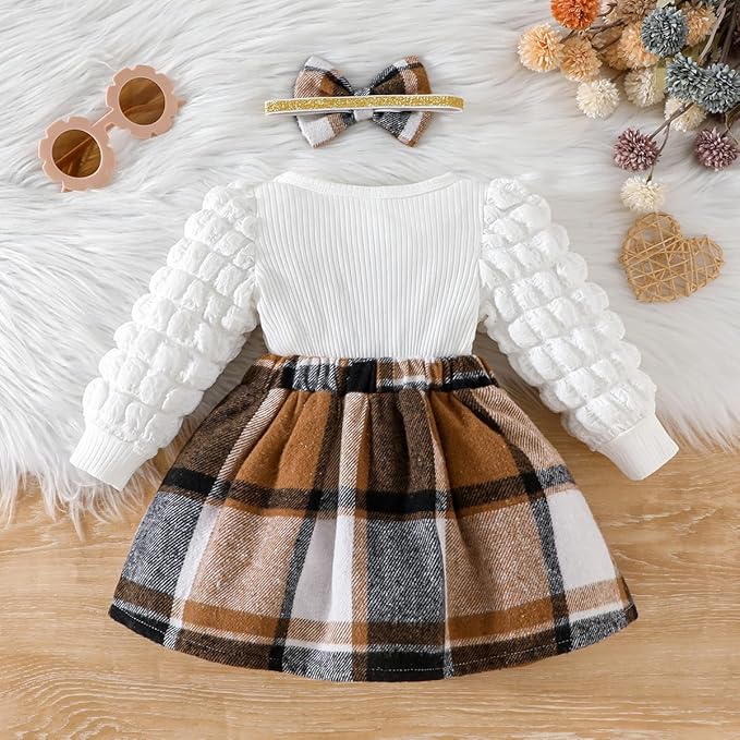 Toddler Baby Girl Plaid Dress Puff Sleeve Bow Patchwork Ribbed Shirts Dress Plaid Fall Winter Outfits with Headband