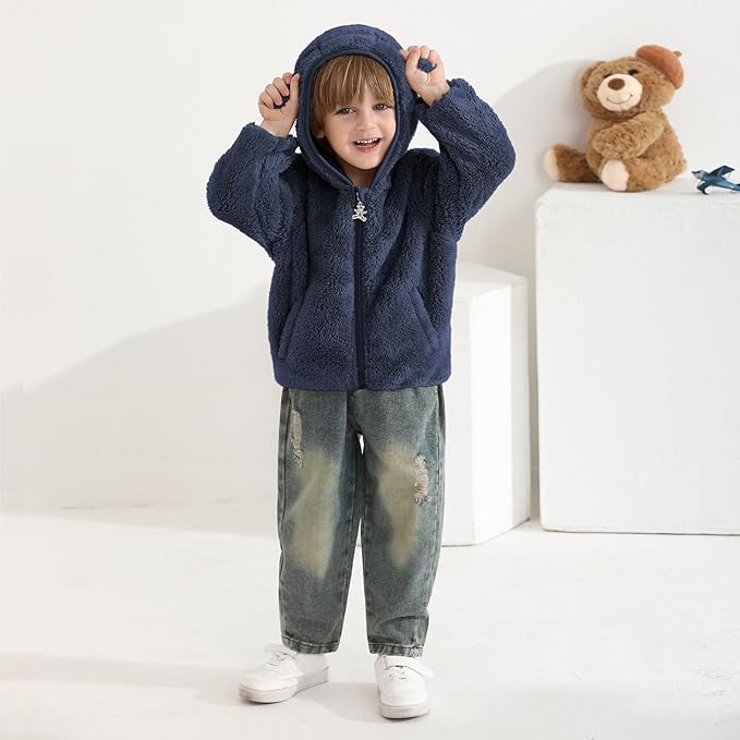 Baby Toddler Boys Girls Fleece Jacket with Hood Zip Up Cute Bear Coats for Infant Boys Girls Fuzzy Jacket with Ear 1-5T