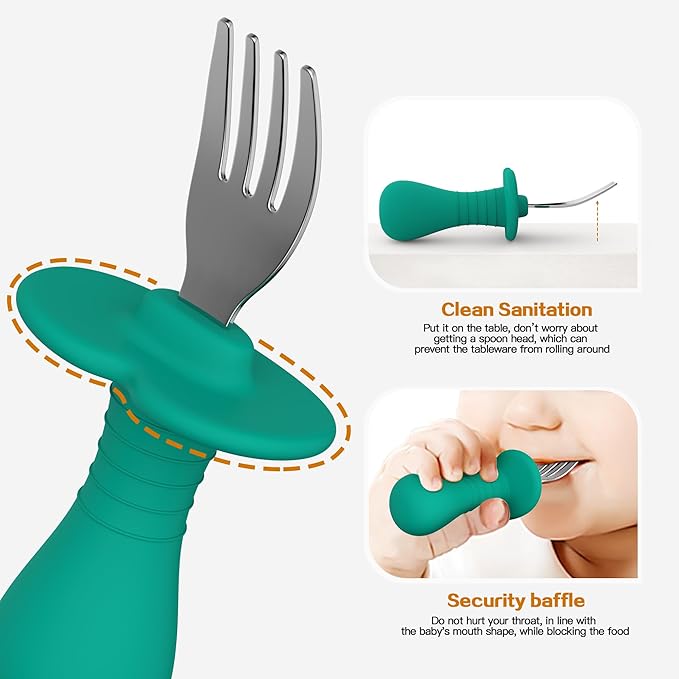 Baby Forks Toddler Forks for Self Feeding, Kids Forks with Silicone Round Handle, Stainless Steel Toddler Utensils Children Safe Silverware Set, Anti-Choke Design, BPA Free - Green Blue