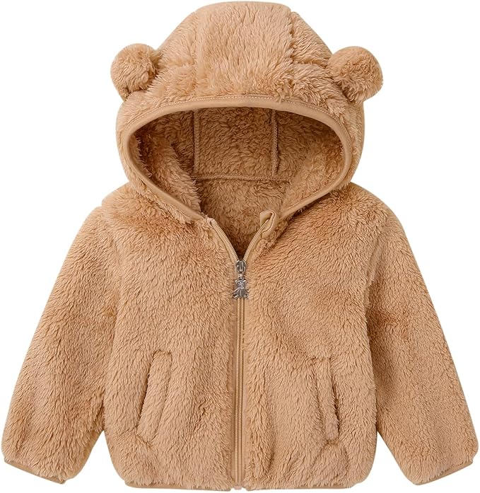 Baby Toddler Boys Girls Fleece Jacket with Hood Zip Up Cute Bear Coats for Infant Boys Girls Fuzzy Jacket with Ear 1-5T