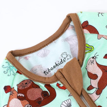 Seals Print Bamboo Fiber Baby Romper with 2 Way Zipper and Long Sleeve Romper for Boys and Girls