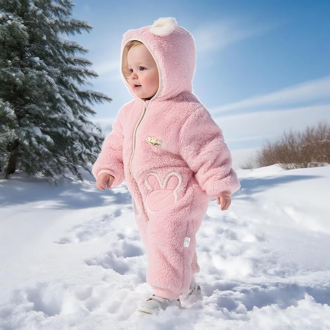 JiAmy Baby Fleece Snowsuit Newborn Hooded Winter Outfits Infant Boys Girls Hooded Zipper Jumpsuit Romper