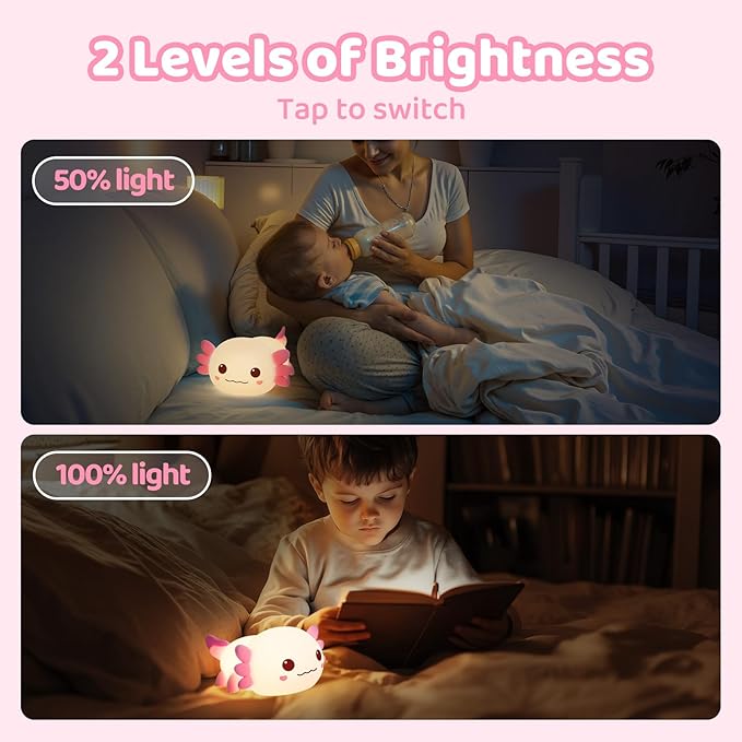 Mewaii Huggwaii Squishy Axolotl Night Light for Kids – Dimmable Silicone Axolotl Lamp, 2025 Upgraded Baby Night Light, Rechargeable, 20H Battery Life, Sleep Aid Gift for Toddlers, Girls&Room Decor