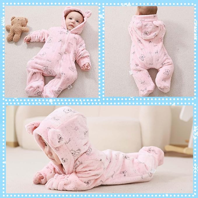 Fairy Baby Newborn Baby Bear Onesie Thin Fleece Footie Romper Snowsuit Hooded Jumpsuit Bodysuit Winter Outwear Boy Girl 0-12M