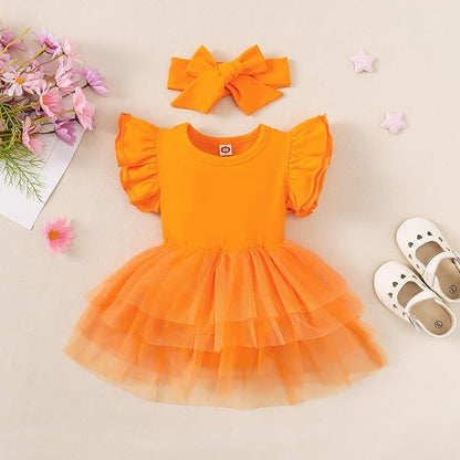 Baby Girl Clothes Infant Ruffle Sleeve Romper Dress Newborn Solid Tutu Skirt Sets Jumpsuit Headband Outfit