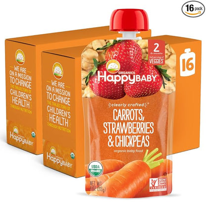 Happy Baby Organics Clearly Crafted Stage 2 Baby Food Carrots, Strawberries & Chickpeas, 4 Ounce Pouch (Pack of 16)
