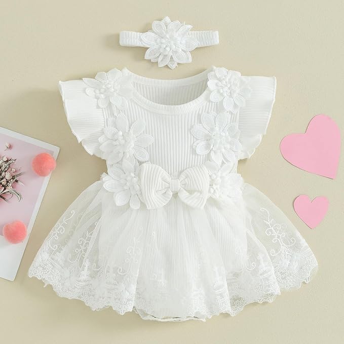 Infant Baby Girl Lace Romper Baby Tulle Dress Romper Flowers Bodysuit Spring Summer Festival Clothes with Headband