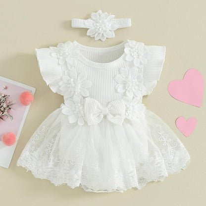 Infant Baby Girl Lace Romper Baby Tulle Dress Romper Flowers Bodysuit Spring Summer Festival Clothes with Headband