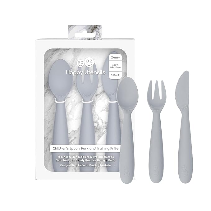 ezpz Happy Utensils (Pewter) - 24 Months+ - BPA Free Toddler Utensils - Fork, Spoon and Knife for Toddlers and Preschoolers - Kids for Self-Feeding Development