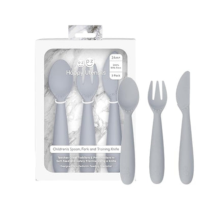 ezpz Happy Utensils (Pewter) - 24 Months+ - BPA Free Toddler Utensils - Fork, Spoon and Knife for Toddlers and Preschoolers - Kids for Self-Feeding Development
