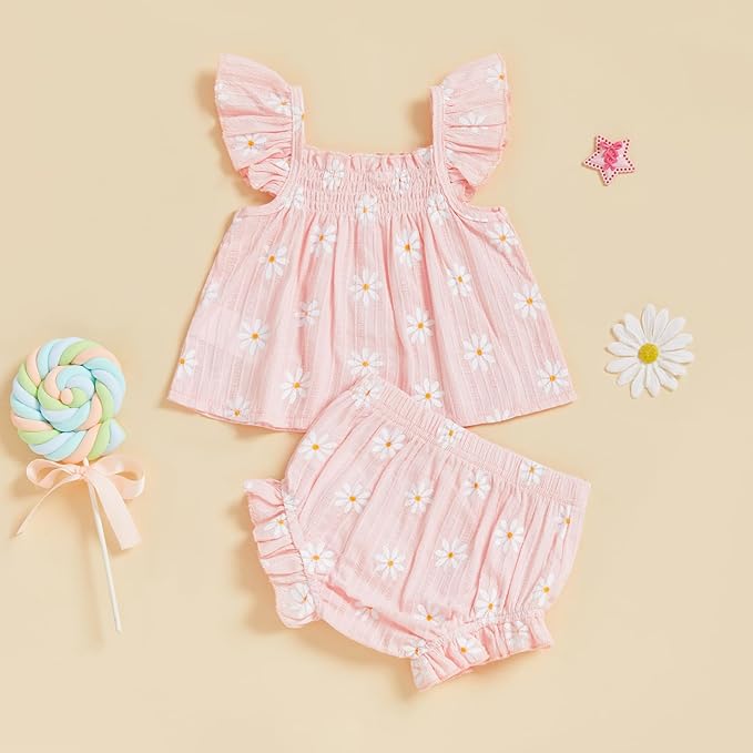 Mubineo Baby Girl Summer Clothes Cute Ruffle Tops Dress Shorts Outfits Set Infant Toddler Shrit Bloomers Princess Outfit