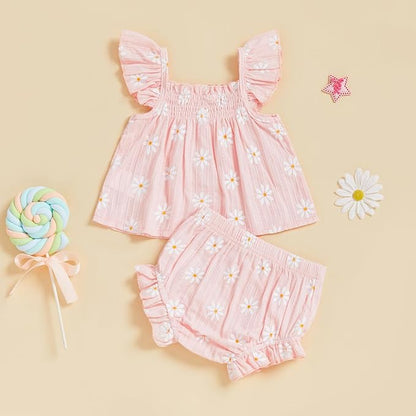Mubineo Baby Girl Summer Clothes Cute Ruffle Tops Dress Shorts Outfits Set Infant Toddler Shrit Bloomers Princess Outfit
