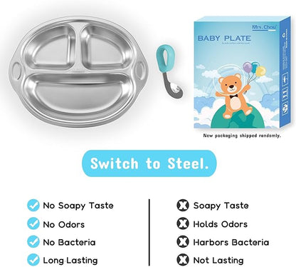 Mrs. Chou® Stainless Steel Kids Plates Suction Plates Divided Baby Plates Toddler Plate, Ideal for Infant Baby-Led Weaning Bowls Non-Toxic Feeding Supplies Dishwasher Safe BPA-Free 100% Food-Grade