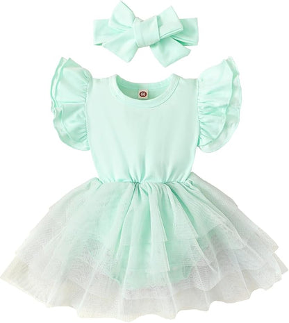 Baby Girl Clothes Infant Ruffle Sleeve Romper Dress Newborn Solid Tutu Skirt Sets Jumpsuit Headband Outfit