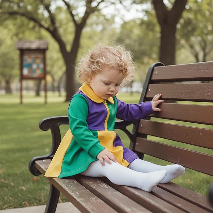 Infant Baby Girl Mardi Gras Outfit Yellow Green Purple Long Sleeve Zipper Romper Dress A-Line Tutu Skirt Bodysuit