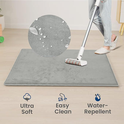 Baby Play Mat for Floor,1.3" Thick Elasti-Foam 50"×74" Playpen Mat for Tummy Time,Water Repellent Soft Coral Velvet for Toddler,Infant,Kids,Non-Slip Backing Safe for Crawling(Light Grey)