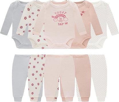Baby Newborn Layette 10-Piece Clothing Sets Soft Cotton Bodysuits Pants Sets for Baby Boys Girls Toddler Unisex