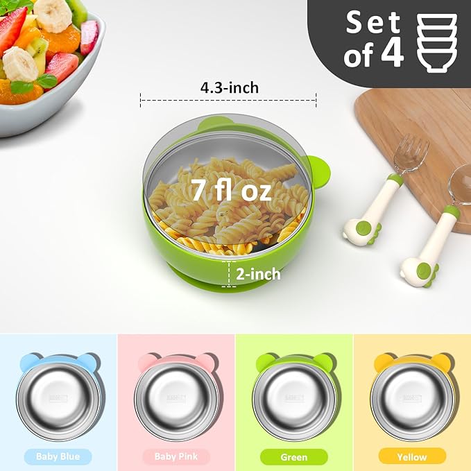 Stainless Steel Baby Bowls with Suction, 2-in-1 SUS304 Toddlers Bowl & Removable Silicone Suction Kids Bowl, Anti Scald Non Toxic Snack Container for Baby Food Feeding, 4 Colors Set