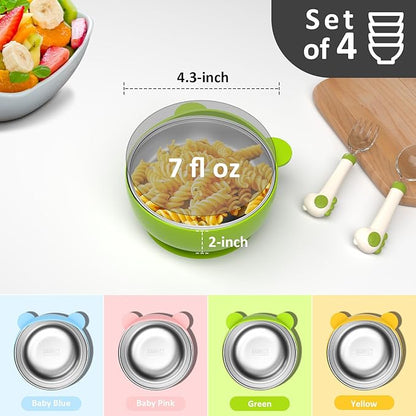 Stainless Steel Baby Bowls with Suction, 2-in-1 SUS304 Toddlers Bowl & Removable Silicone Suction Kids Bowl, Anti Scald Non Toxic Snack Container for Baby Food Feeding, 4 Colors Set