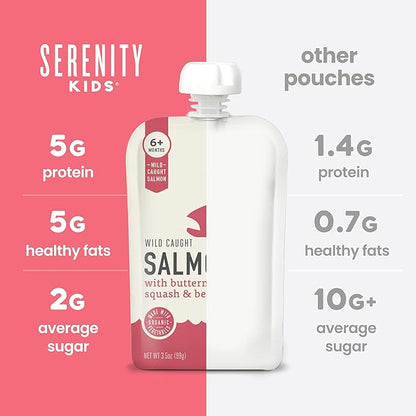 Serenity Kids 6+ Months Salmon Baby Food Pouches - Wild-Caught Salmon & Butternut Squash - High-Protein Baby Snacks - No Sugar Added Toddler Meals - 3.5 Oz, Pack of 6