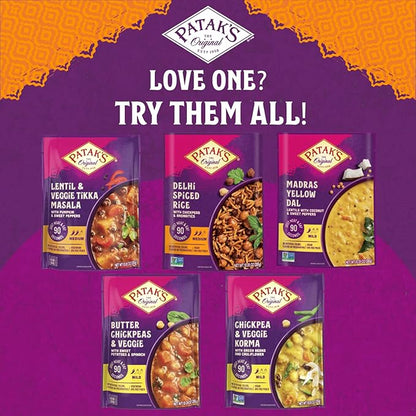 Patak's Ready-to-Eat Meals Variety Pack - Butter Chickpeas & Veggies, Chickpea & Veggie Korma, Lentil & Veggie Tikka Masala - Microwave Meals for Quick Dinners or Lunch - Serve w/ Rice or Naan - 10.5oz (Pack of 6 Total: 2 of Each Meal)