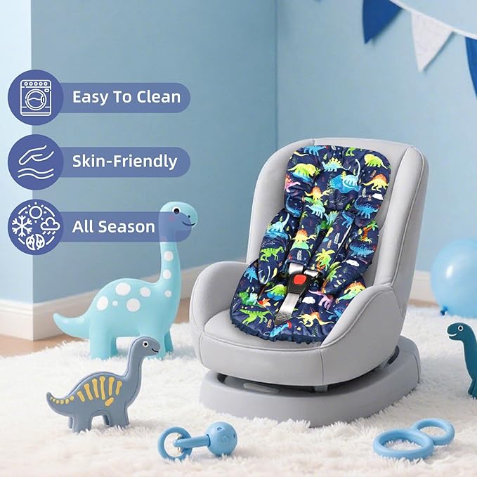 Infant Car Seat Insert Cushion, Baby Car Seat Head Body Support for Girls & Boys, Reversible Newborn Car Seat Insert with 2 Extra Strap Paddings, Premature Car Seat Cushion, Dinosaur