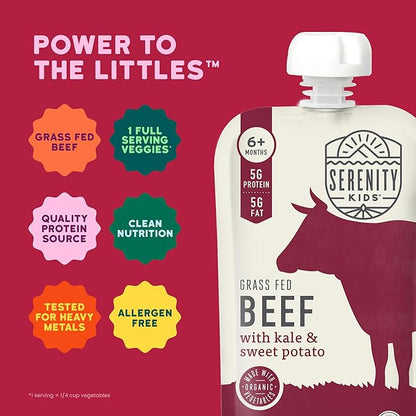 Serenity Kids 6+ Months Baby Food Pouches - Grass-Fed Beef Puree & Organic Sweet Potatoes - Protein Pouches for Toddler Snacks - Recyclable BPA-Free Packaging for Baby Snacks - 3.5 Oz, 6 Pack