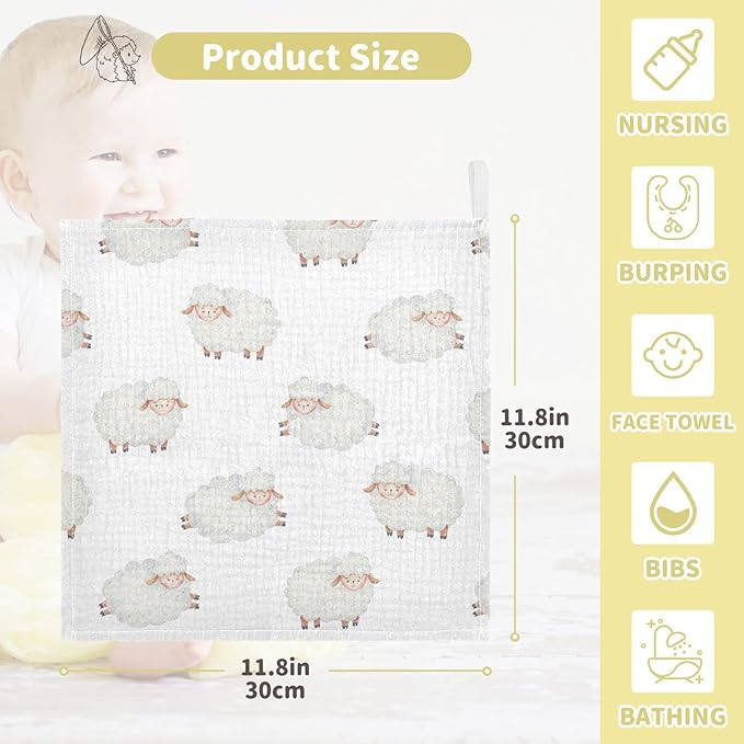 vvfelixl Cotton Cute Curly Lamb Baby Muslin Washcloths Soft Face Towel for Newborns, 11.8 X 11.8 Inch, 3 Pack White