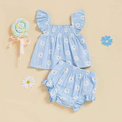 Mubineo Baby Girl Summer Clothes Cute Ruffle Tops Dress Shorts Outfits Set Infant Toddler Shrit Bloomers Princess Outfit