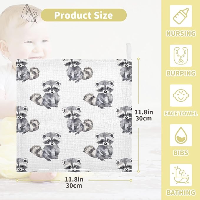vvfelixl Baby Muslin Washcloths Little Raccoon Baby Burp Cloths Cotton Babys Face Towel for Newborn Infants Boys Girls Soft and Absorbent 11.8 X 11.8 in, 3 Pack