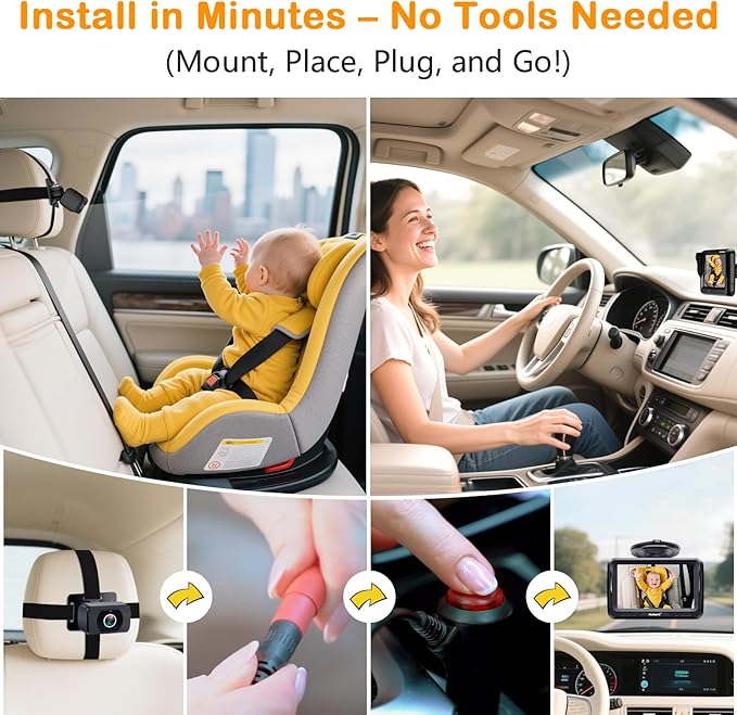 Rohent Baby Car Camera HD 1080P - Rear-Facing Infant Monitor with Night Vision Car Camera for Baby 150° Wide-Angle Lens Anti-Glare Screen Easy Install 360° Adjustable Display