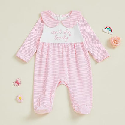 Gaono Newborn Baby Girl Romper Waffle Knit Striped Long Sleeve Doll Collar Heart Bow Jumpsuit Bodysuit Fall Winter Clothes
