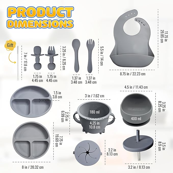 Baby Led Weaning Supplies | 10 Piece Silicone Feeding Set | Baby Toddler Bib Cup Divided Plate and Bowl Self Feeding Spoons Dish Set | Baby Utensils | Toddler Feeding Supplies (Cloud)