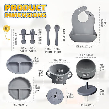 Baby Led Weaning Supplies | 10 Piece Silicone Feeding Set | Baby Toddler Bib Cup Divided Plate and Bowl Self Feeding Spoons Dish Set | Baby Utensils | Toddler Feeding Supplies (Cloud)