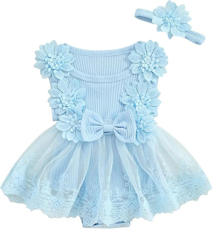 Infant Baby Girl Lace Romper Baby Tulle Dress Romper Flowers Bodysuit Spring Summer Festival Clothes with Headband
