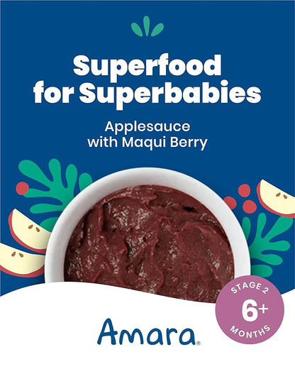 Amara Organic Baby Food - Stage 2 - Applesauce & Maqui Berry - Baby Cereal to Mix With Breastmilk, Water or Baby Formula - Shelf Stable Baby Food Pouches Made from Organic Fruit - 10 Pouches, 3.5oz Per Serving